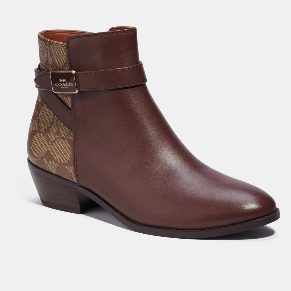 NWOT Coach Dean Booties Leather Boots Brown & Tan Gold Coach Logo Accents! New! - Picture 11 of 11